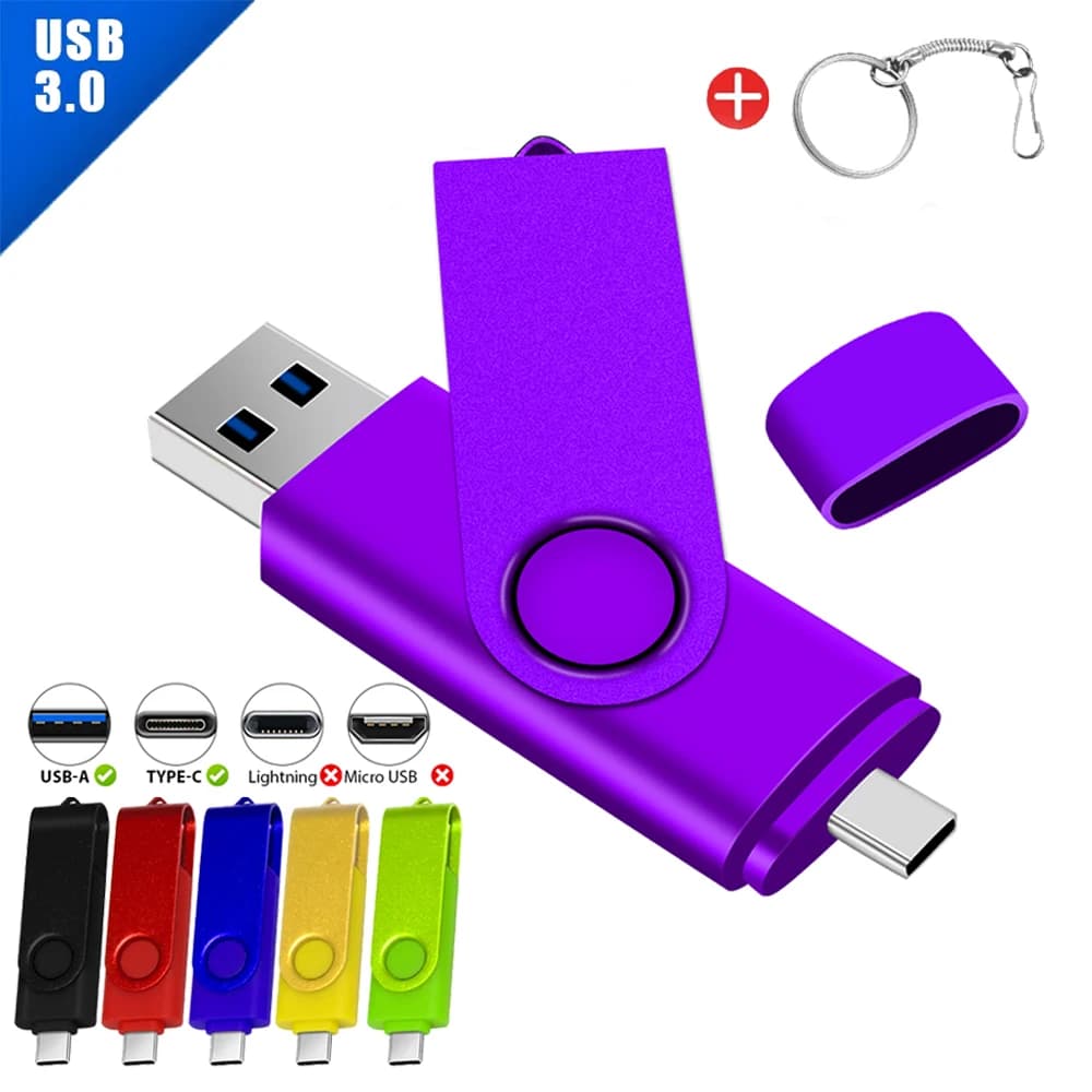 Chiavetta USB 3.0 ad alta velocità JASTER Type-C 2IN1 Ruota liberamente Pen Drive Disco U compatibile multiformato da 128 GB Capacità reale