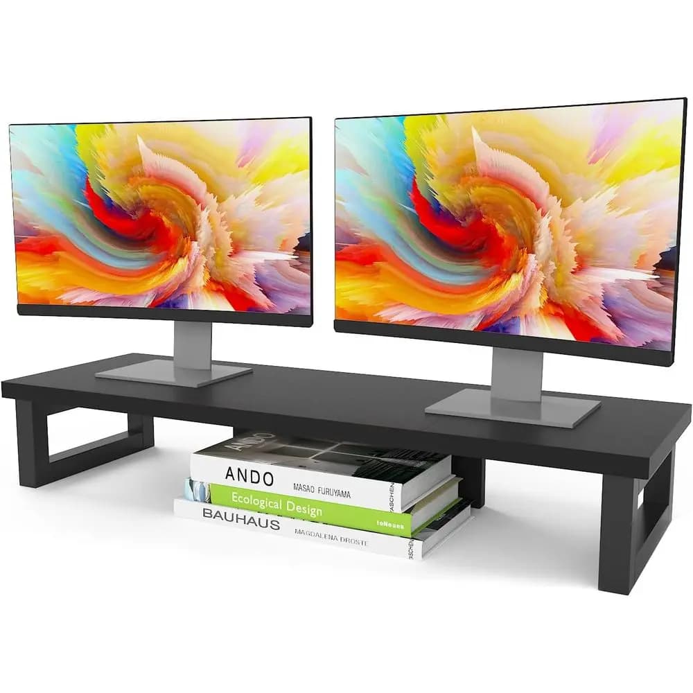 Dual Monitor Stand Riser, Wood and Steel, Computer Monitor Stand for 2 Monitors, Multi-pose Desktop Storage Stand for Computer,