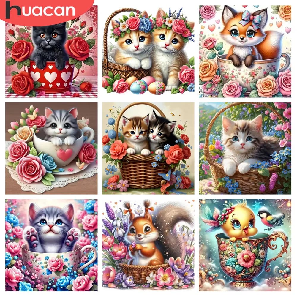 HUACAN gatto fiore pittura diamante kit completo tazza animale 5D fai da te trapano completo diamante mosaico fiore rosa punto croce