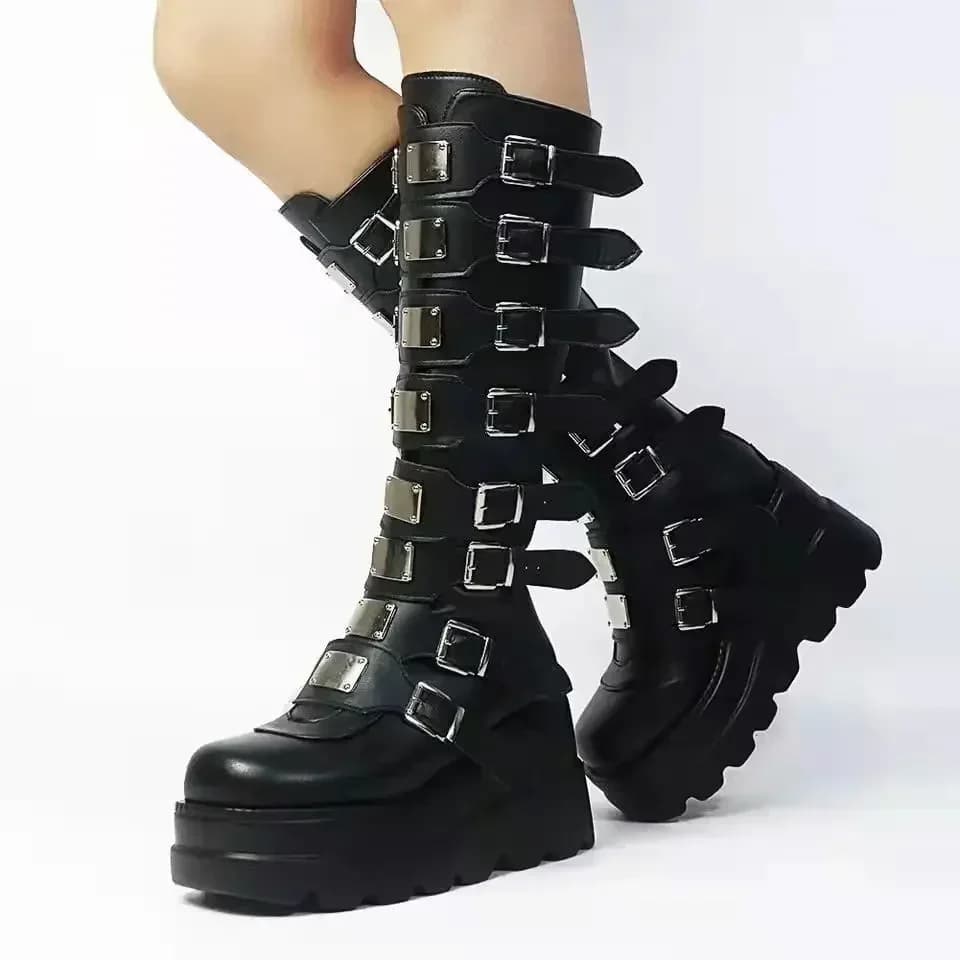 High knee boots with gothic platform Punk sexy black motorcycle shoes 2024 women's Cosplay shoes Halloween Zapatos De Mujer