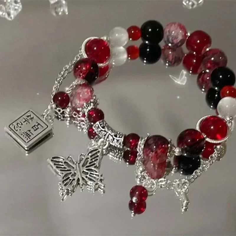 Bracciale a catena con perline rosse vintage di moda per le donne Braccialetti con ciondoli con ciondolo a farfalla Anime Tian Guan Ci Fu Accessori per gioielli