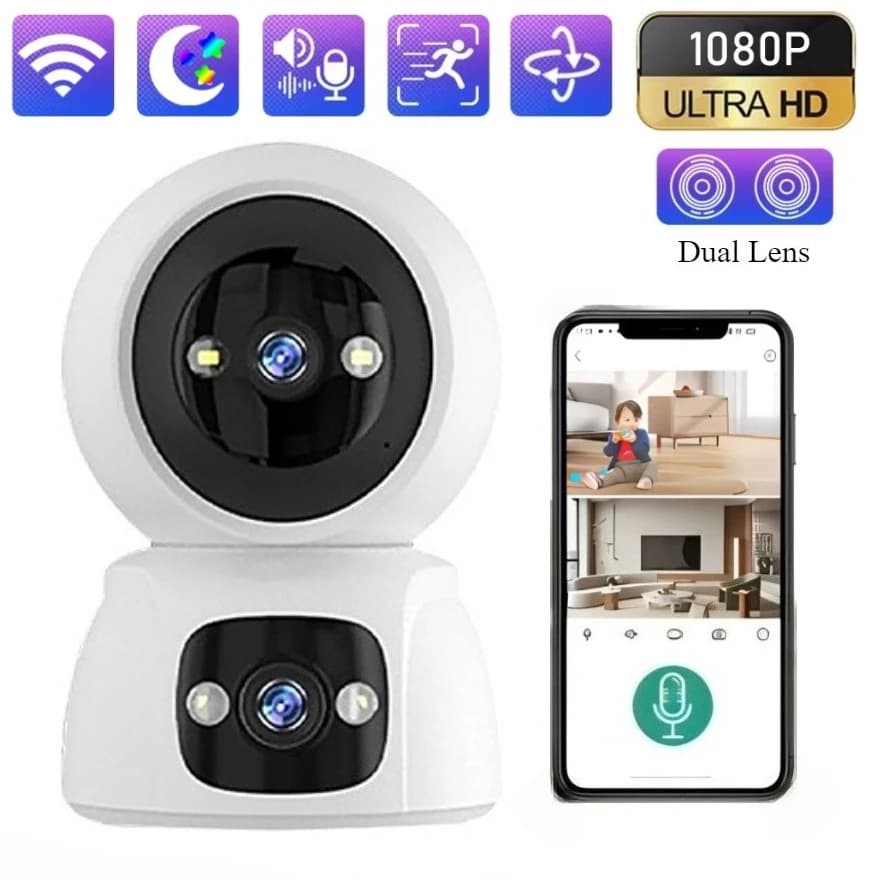 Telecamera di sicurezza Wifi a doppio obiettivo 360 PTZ 3MP Video sorveglianza Baby Monitor Visione notturna a colori Rilevazione di movimento Telecamera IP CCTV