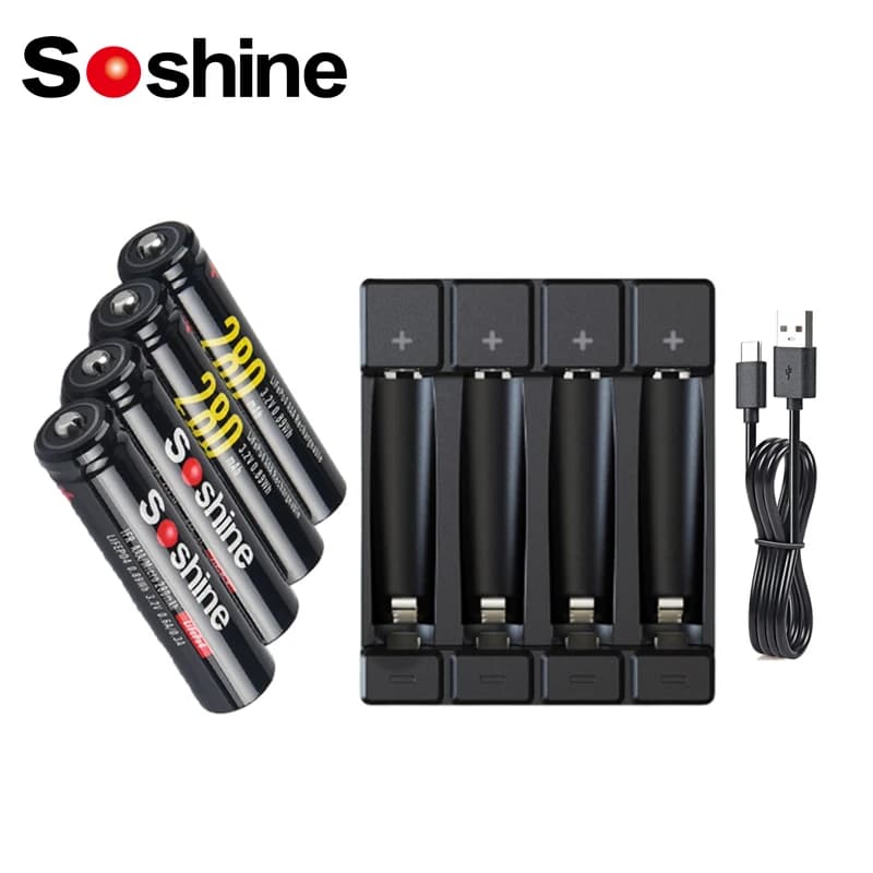 Soshine 3.2V 10440 LiFePO4 280mAh Rechargeable Battery and Charger AAA 14500 10440 Smart Battery Charger 4 Slot with USB Cable