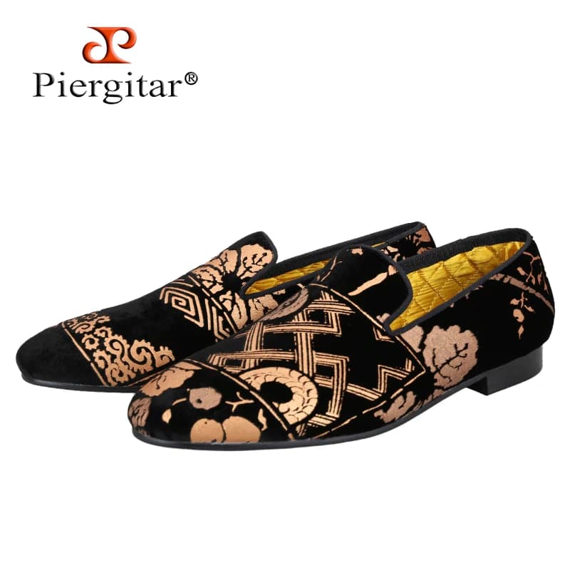 Piergitar Gold Totem Print on Black Velvet Handmade Men's Loafers High-End Customised Chinese Style Slip-On Smoking Slippers