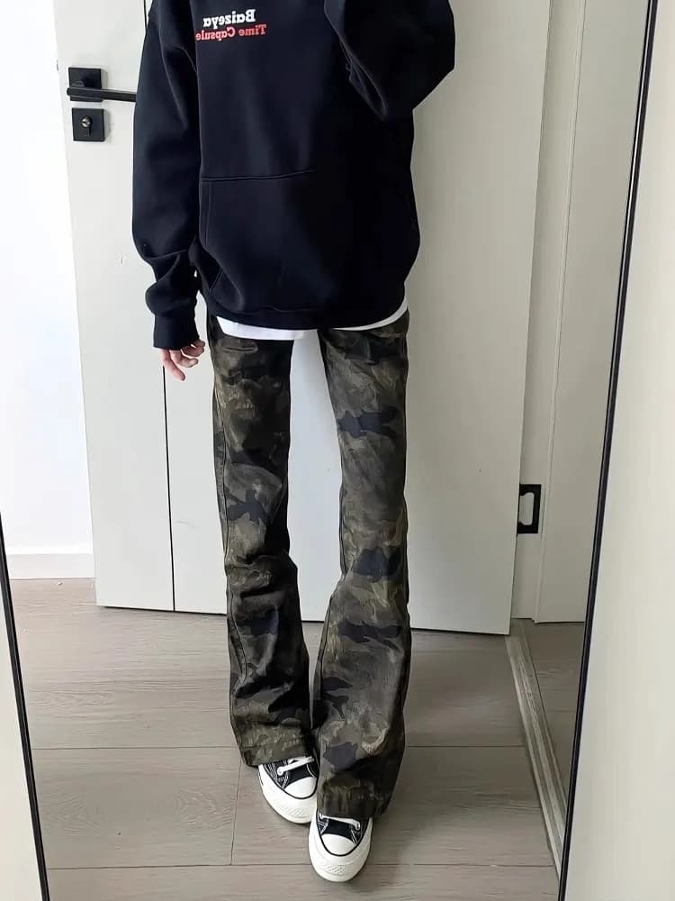 Jeans a gamba larga mimetici americani Sle Uomo Donna Autunno Cleanfit High Street Pantaloni dritti dimagranti a vita alta