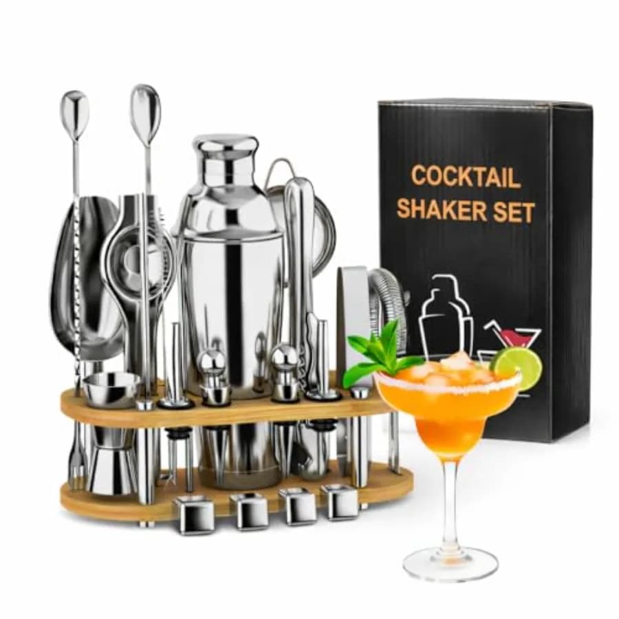 Set Shaker per Cocktail 25 Pezzi in Acciaio Inox con Supporto in Legno e Libretto di Ricette Cocktail, Strumenti Professionali da Bar