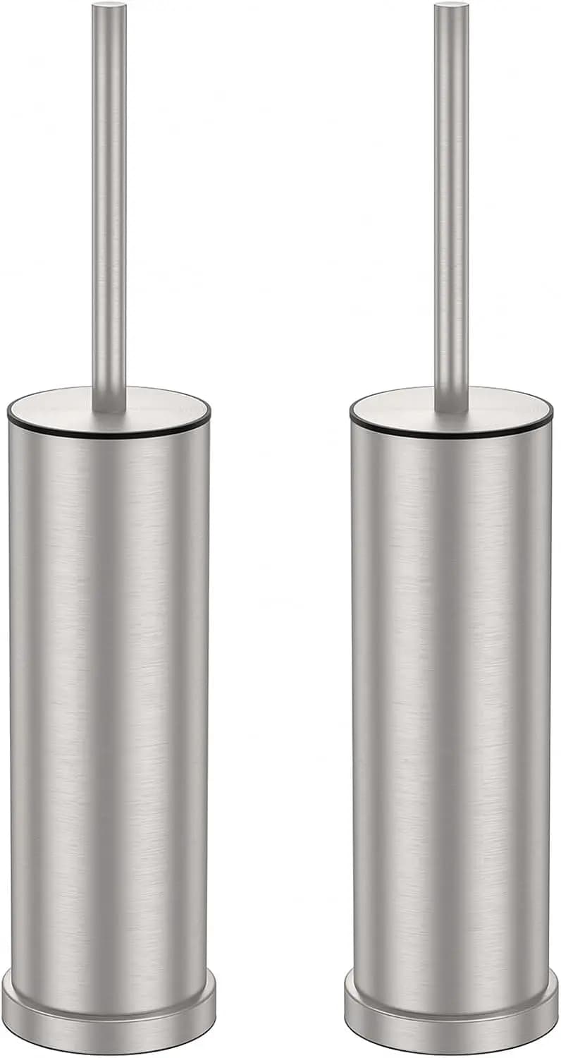 Stain Nickel Toilet Brush and Holder Set，2 Pack Stainless Steel Heavy Duty Toilet Bowl Brush，Extra Long Handled Toilet Cleaner Brush with Replaceable Head, Removable Inner Bowl & Splash Protection