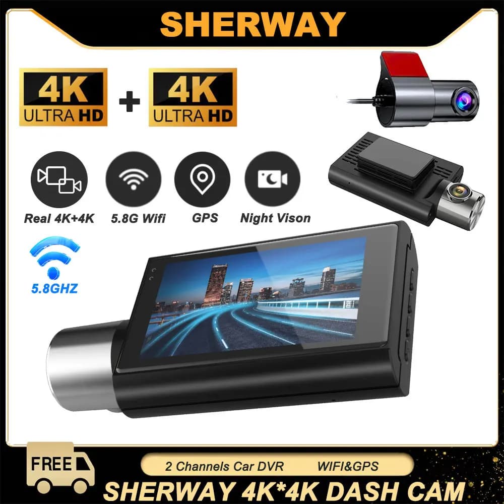 Dash Cam a 2 canali Telecamera doppia Dash 4K + 4K per auto con WiFi da 5 GHz e registratore WDR GPS DVR per auto Visione notturna IR Modalità parcheggio 24 ore
