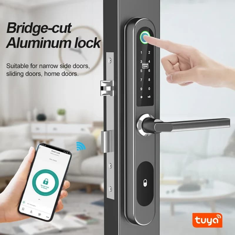 Set Maniglia per Porta Scorrevole Intelligente con Impronta Digitale, Password, Bluetooth, Scheda IC, Tastierino Digitale, Chiave Elettronica e Serratura Remota Tuya