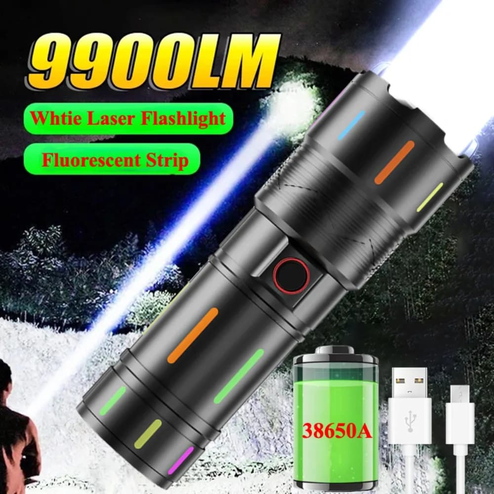 Potente torcia a LED Laser bianca batteria integrata tipo C torcia Zoom ricaricabile lampada tattica da esterno per escursioni in campeggio