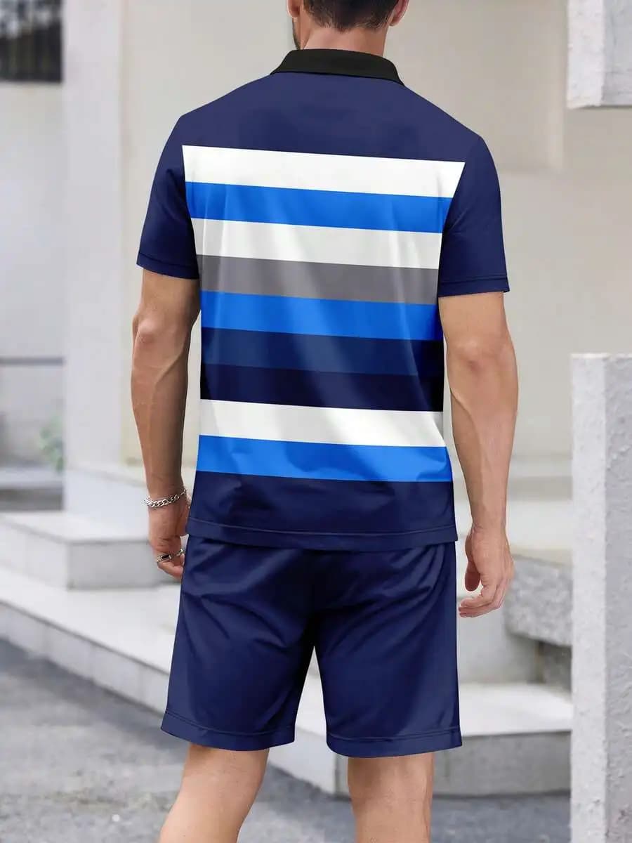 Mens Striped Short Sleeve Shirt And Shorts Set Casual Summer Outfit