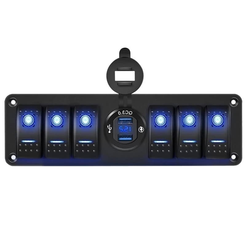 HOT-6 Gang Rocker Switch Panel 12V SPST On Off QC 3.0 USB Charger Voltmeter Night Glow Stickers For Boats For Boats Cars Rvs