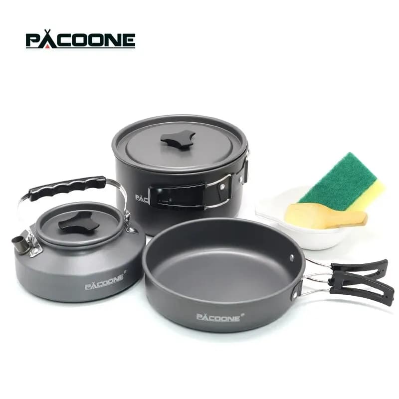 PACOONE Set of camping pots Kit of portable pots Outdoor pots Kitchen Water kettle Set of pans Stoves Hiking Picnic equipment