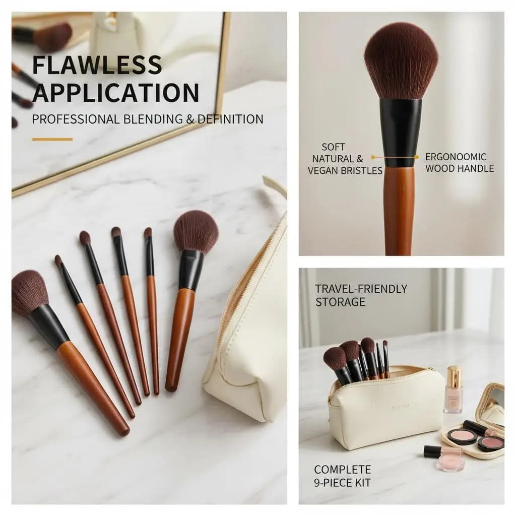Kit di strumenti cosmetici professionali da 9 pezzi per l'applicazione di fondotinta e l'ombreggiatura degli occhi, setole sintetiche vegane in lana naturale E