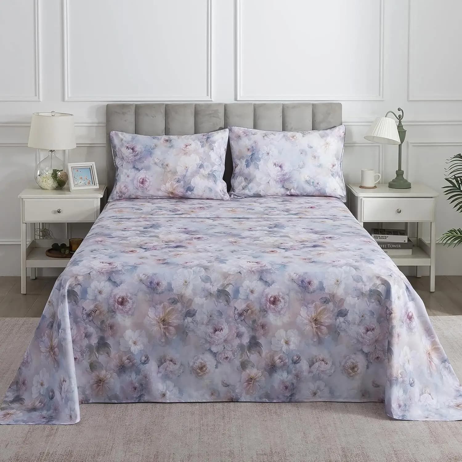 Set di Lenzuola King Size con Motivi Floreali, 100% Cotone Percalle Viola, Lenzuolo con Angoli Profondi e Stampa a Farfalle, 4 Pezzi