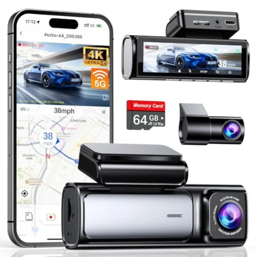 Dash Cam 4K Anteriore e Posteriore con WiFi 5G, GPS, Scheda 64GB, Schermo IPS da 3,59'', Doppia Dashcam per Auto, Sensore G, Registrazione in Loop, WDR