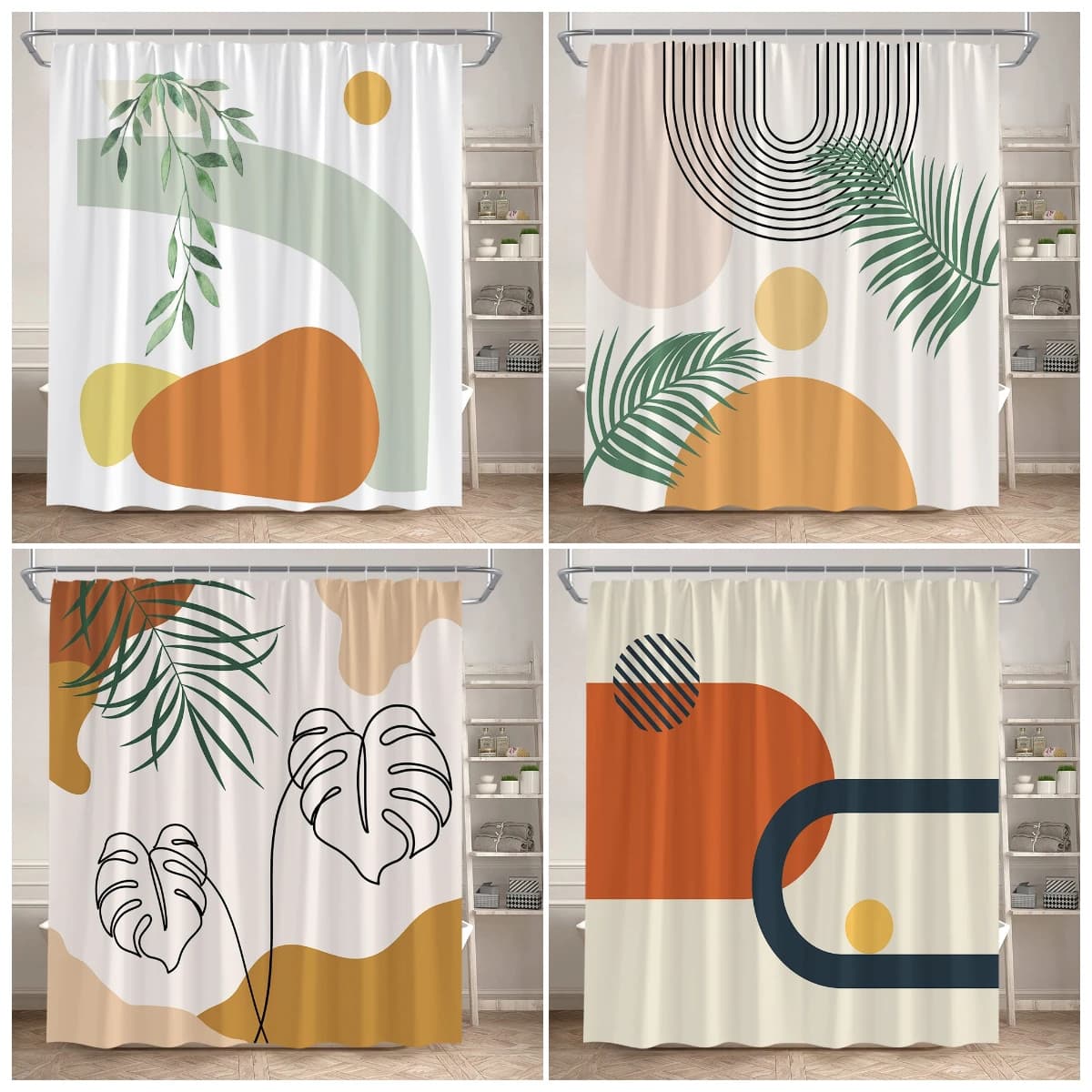 Tende da doccia astratte in stile Mid-Century con foglie verdi, linee nere geometriche moderne, set di tende da bagno estetiche e artistiche con ganci