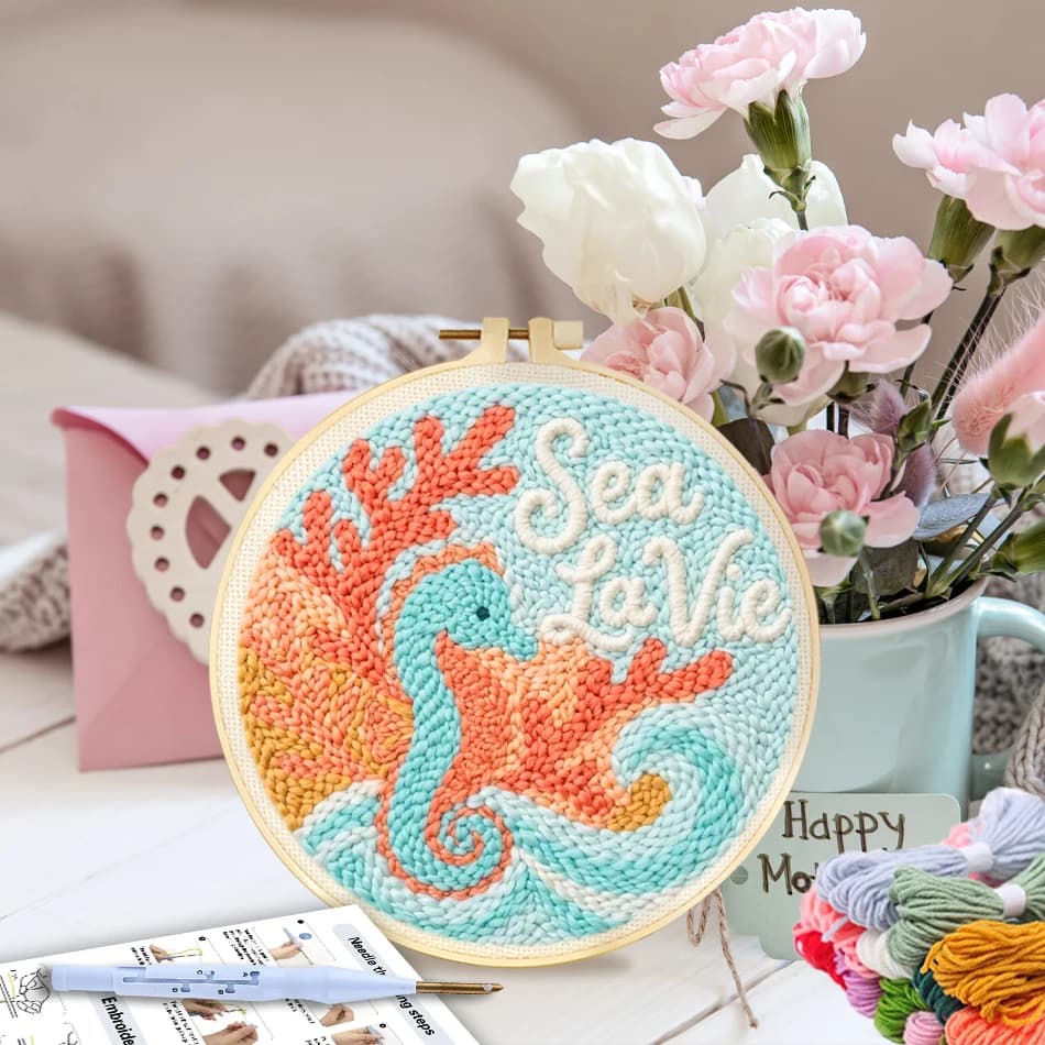 GATYZTORY punch needle embroidery kits embroidery hoop Picture Yarn Cross stitch kits Diy Set marine animals Sewing 20x20cm Knit