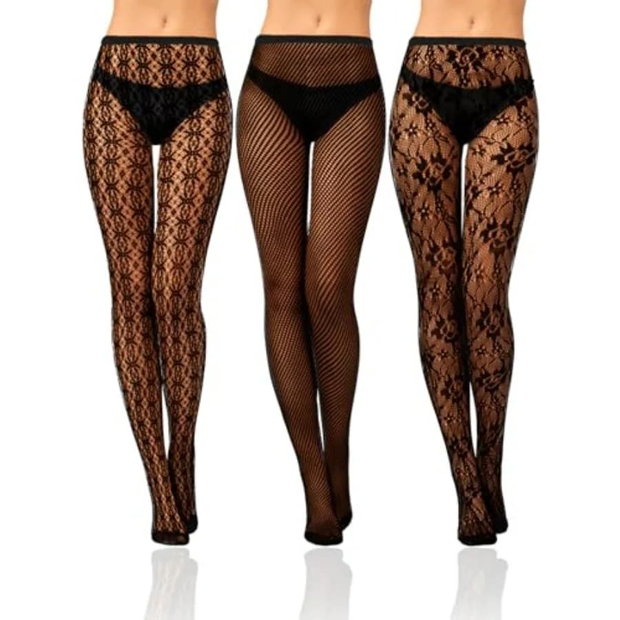 Bencailor 3 Pairs Women Rhinestone Fishnet Stocking Tight Legging Hole Pattern High Pantyhose Waist Lace