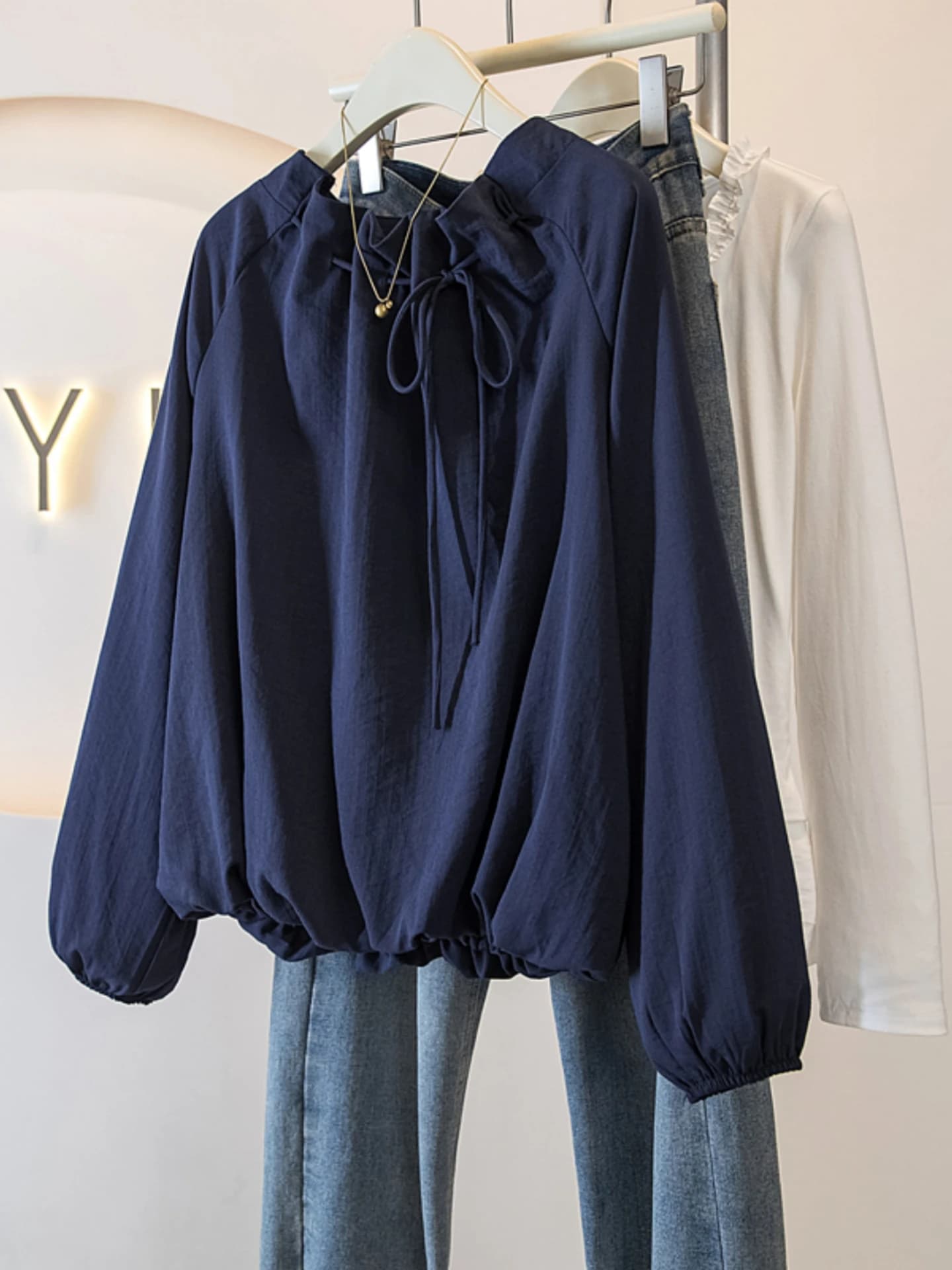 Slimming Short Shirt Women's Long Sleeve Base Layer Blouse Belt Design Spring Autumn plus Size Hide Belly Anti-Aging Korean S...