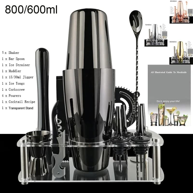 12 pz Nero/Oro Rosa/Argento 800/750/600 ml Boston Shaker Barista Kit Cocktail Shaker Set Bar Strumenti Stand Cocktail Ricetta