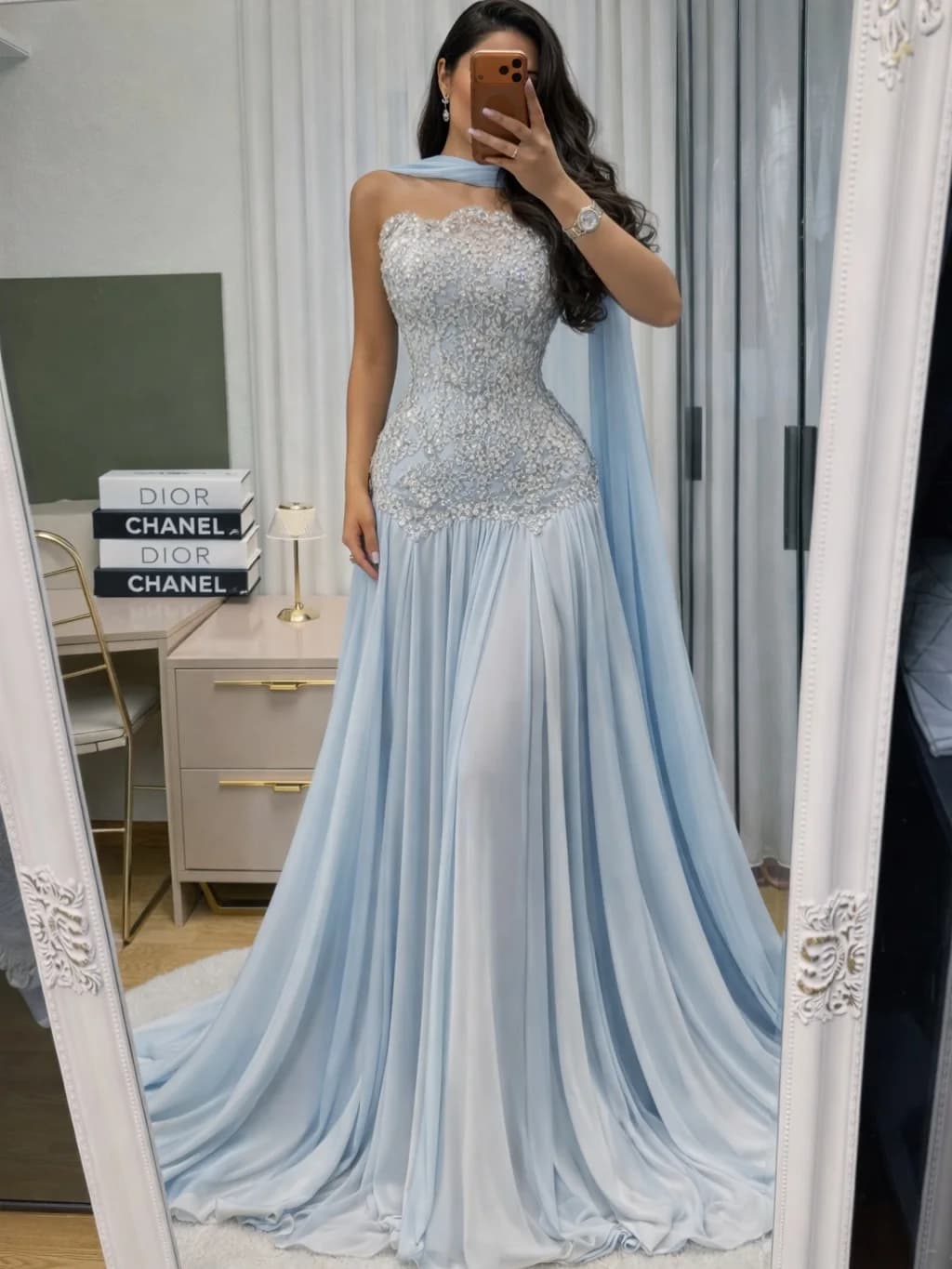 Abito da sera formale lungo fino al pavimento in chiffon a trapezio senza spalline Ofherown, blu ghiaccio, con perline e pizzo, con sciarpa, per donna