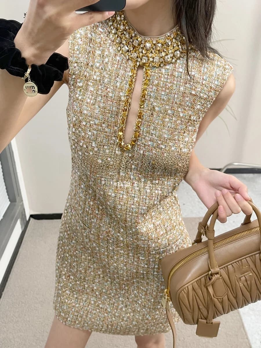 Abito ROUJE KEFSS con Gilet e Gonna Impreziositi da Diamanti, Vestito da Donna in Tweed Pesante con Lavorazione Elaborata, Collo Alto Scavato Estivo