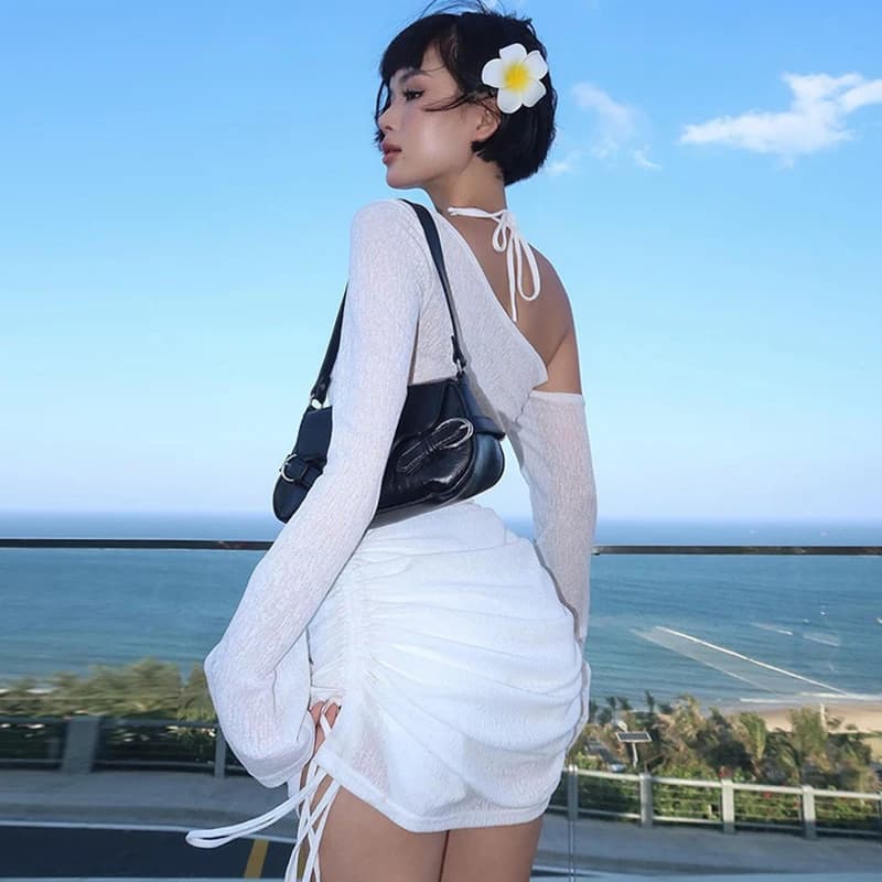 Abito da donna con spalle scoperte Mini abito da festa a maniche lunghe arricciato con coulisse trasparente per Beach Cocktail Club Streetwear