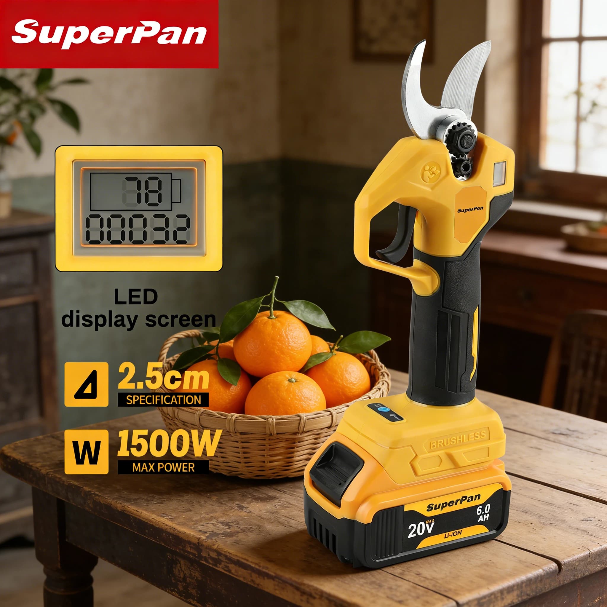 SuperPan wireless pruning scissors, sharp garden scissors for pruning trees and shrubs, garden care, compatible with Dewalt 20V battery.