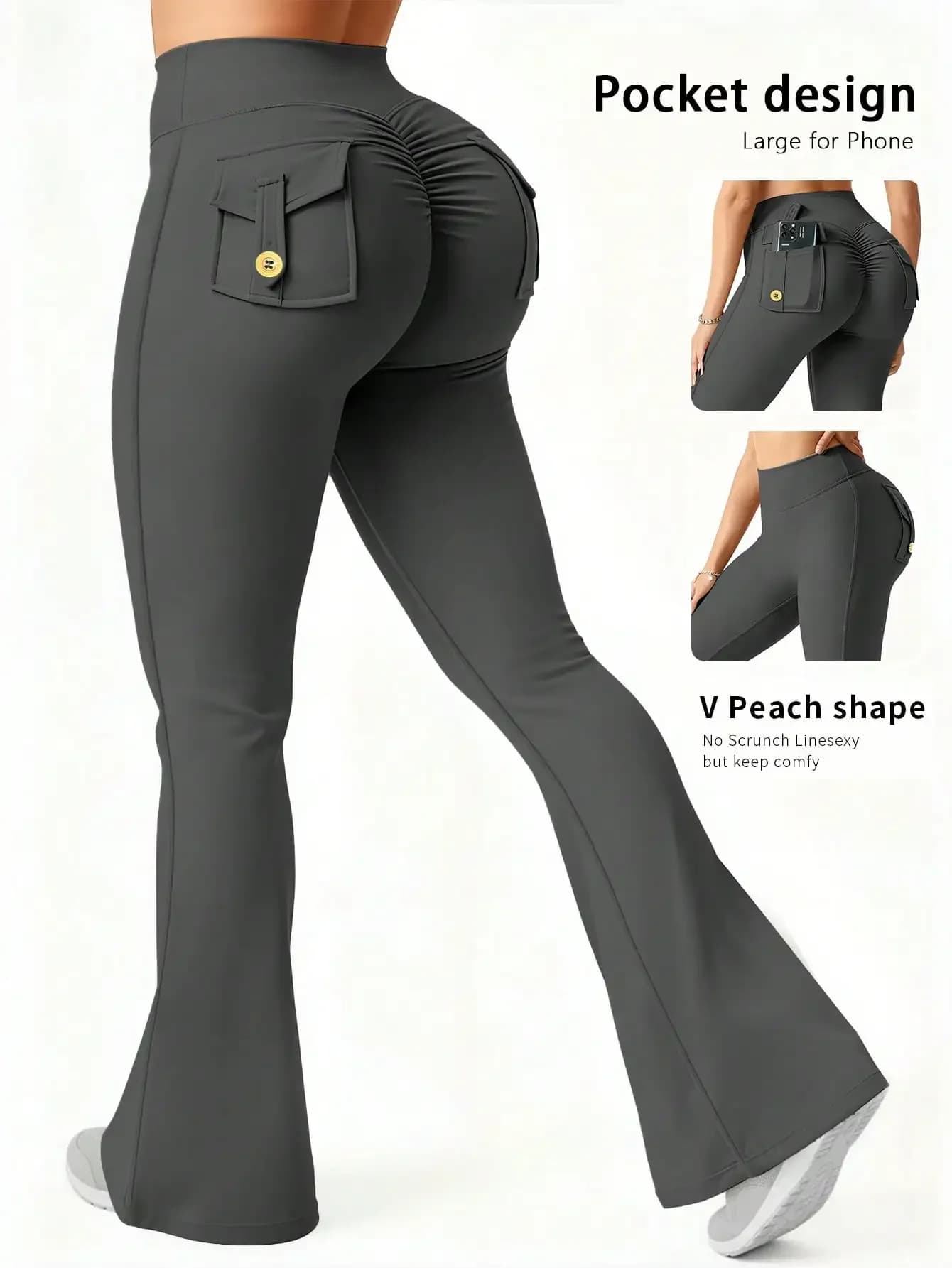 Pantaloni a zampa da donna 6pecil con tasche, leggings sportivi aderenti da donna, pantaloni yoga push-up, pantaloni da ginnastica, donna, nero classico primavera