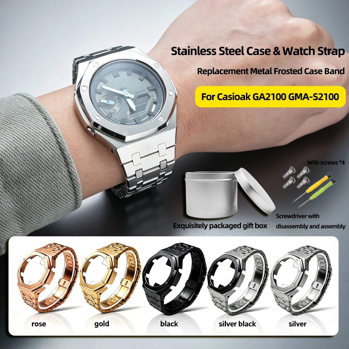 Stainless Steel Frosted Mod Kit for Casio G-SHOCK GA-2100 GM2100 GMA-S2100 Casioak, Metal Case & Watch Strap Replacement Parts