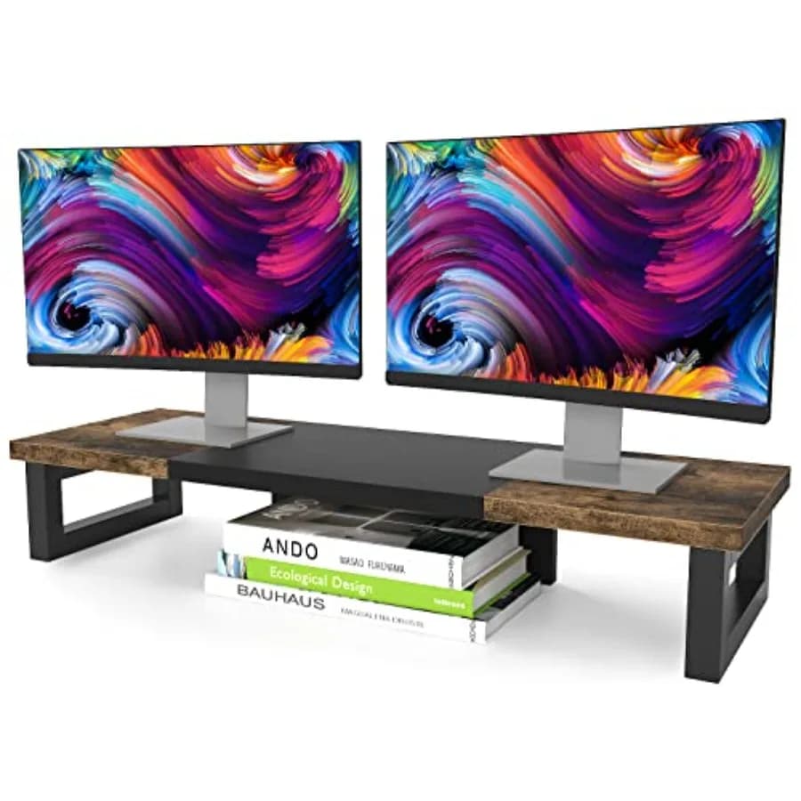 Dual Monitor Stand Riser, Wood and Steel Multi-Purpose Desktop Storage Stand for 2 Monitors for Computer, Laptop, Printer, TV
