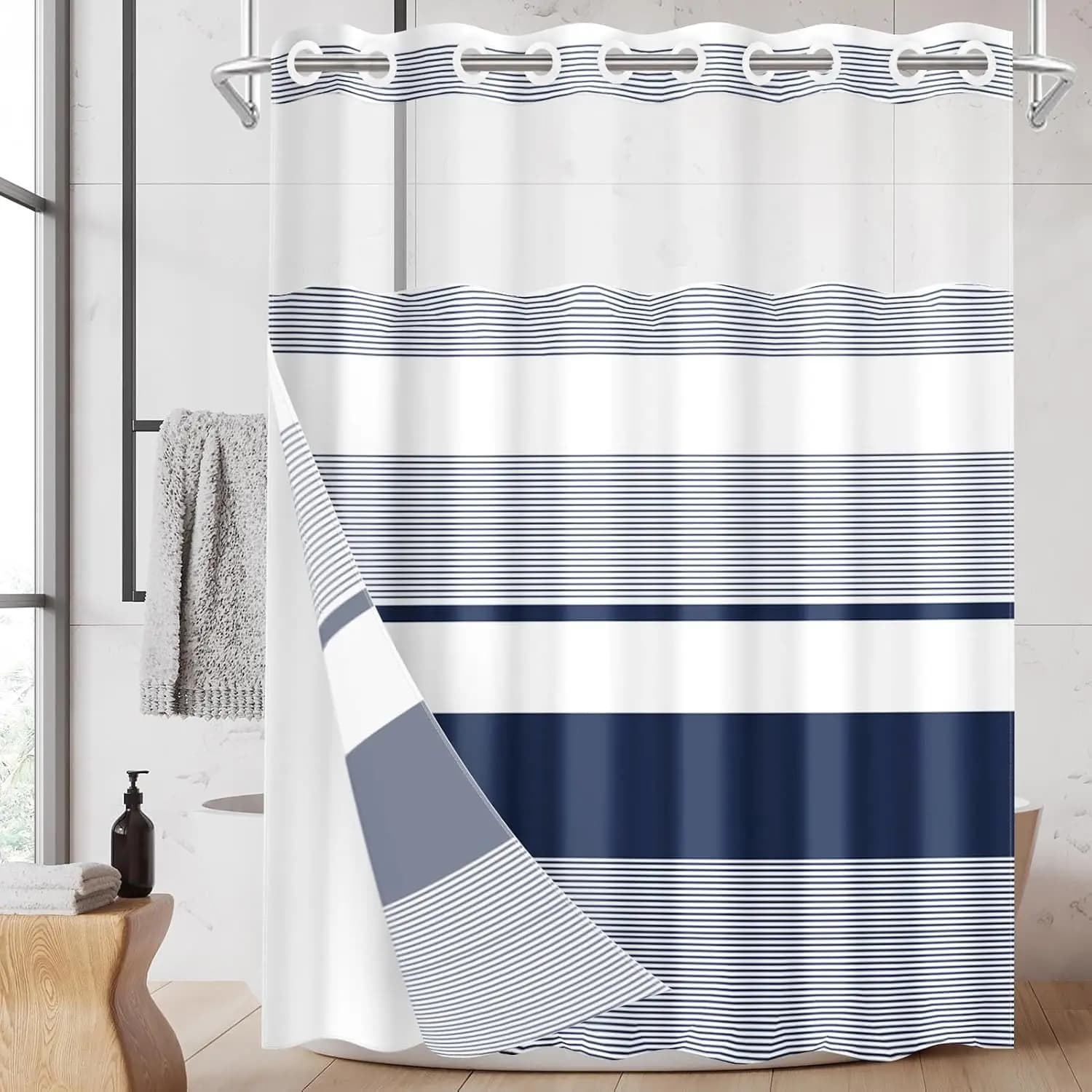 Navy Blue Shower Curtain Set with Snap-in Liner, Boho Striped, Double Layers, Waterproof, 71x74 Inch