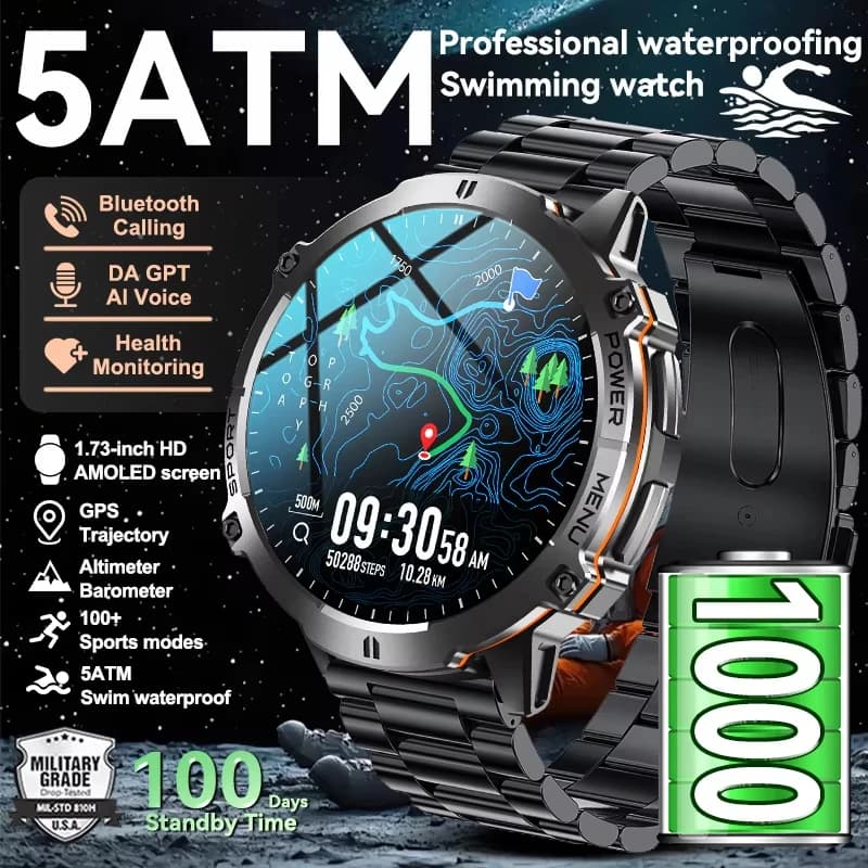 Orologio Sportivo GPS Militare Aggiornato, 1000mAh, Display AMOLED da 1,7 Pollici, Bussola, Altimetro, Chiamate, Impermeabile 10ATM