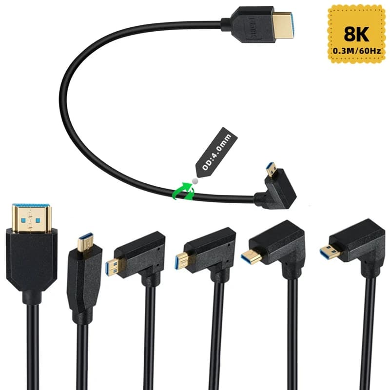 30 cm OD4.0mm Linea sottile Compatibile con HDMI a Micro HDMI - Cavo dati a gomito compatibile 2.1 V 8 K 60 Hz per display proiettore fotocamera