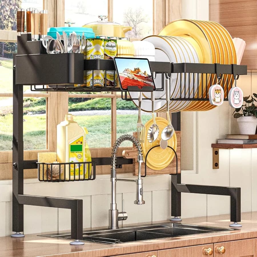 Plate rack over the sink, height and length expandable, 22,6 35.5 L, snap design, large shelf for 2-level dishes