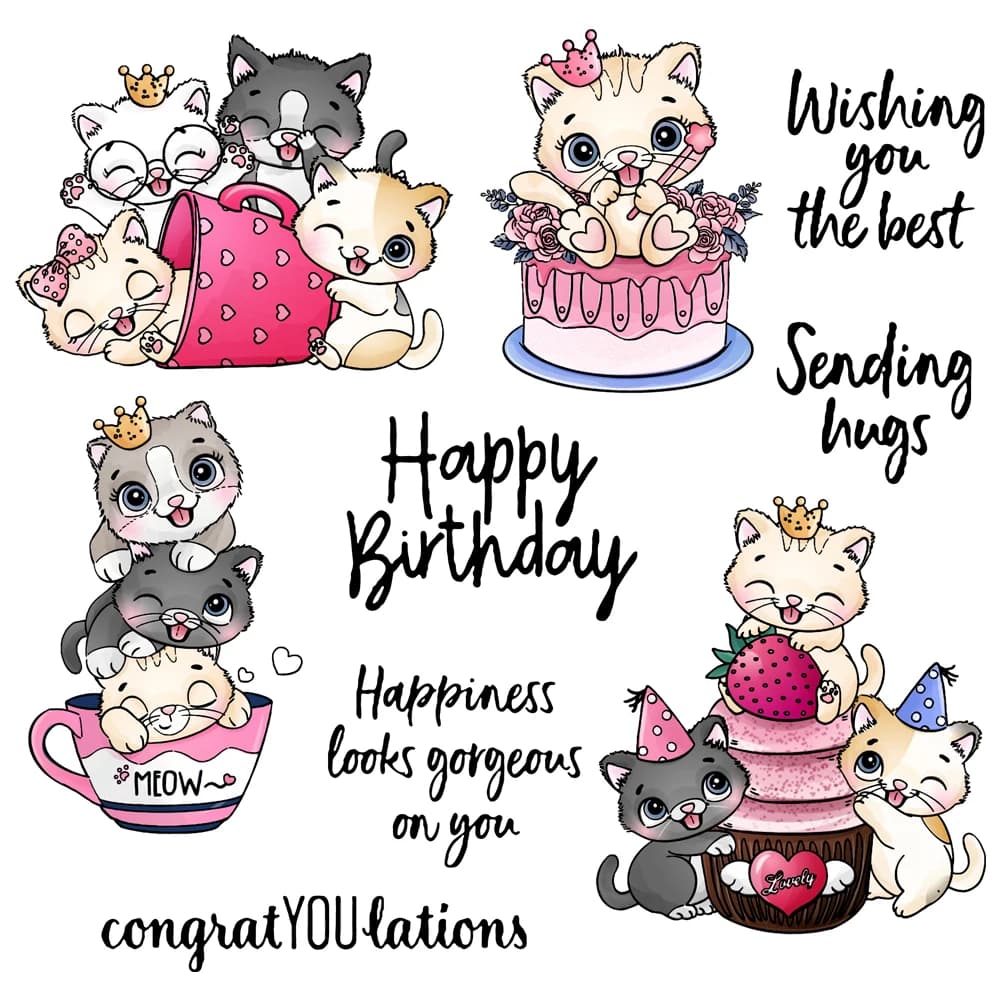 MangoCraft Metal Cutting Dies Clear Stamp Cute Cats kitty & Birthday Cake Scrapbooking Decor DIY Dies timbri in Silicone per carta
