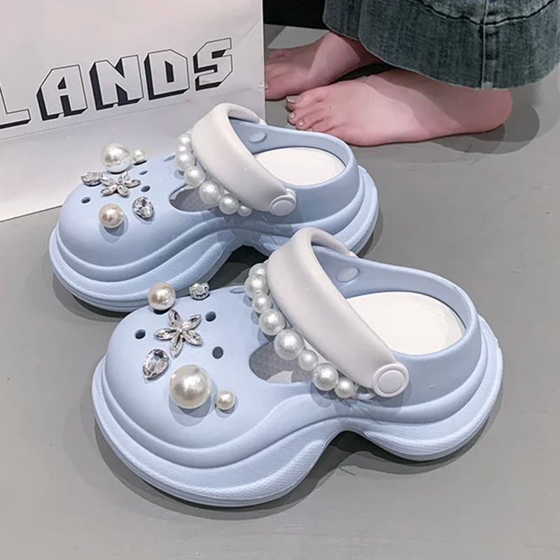 Simpatici sandali robusti con catena di perle moda donna fai da te zoccoli con piattaforma Eva scarpe da donna sandali con fondo morbido antiscivolo da esterno femminile