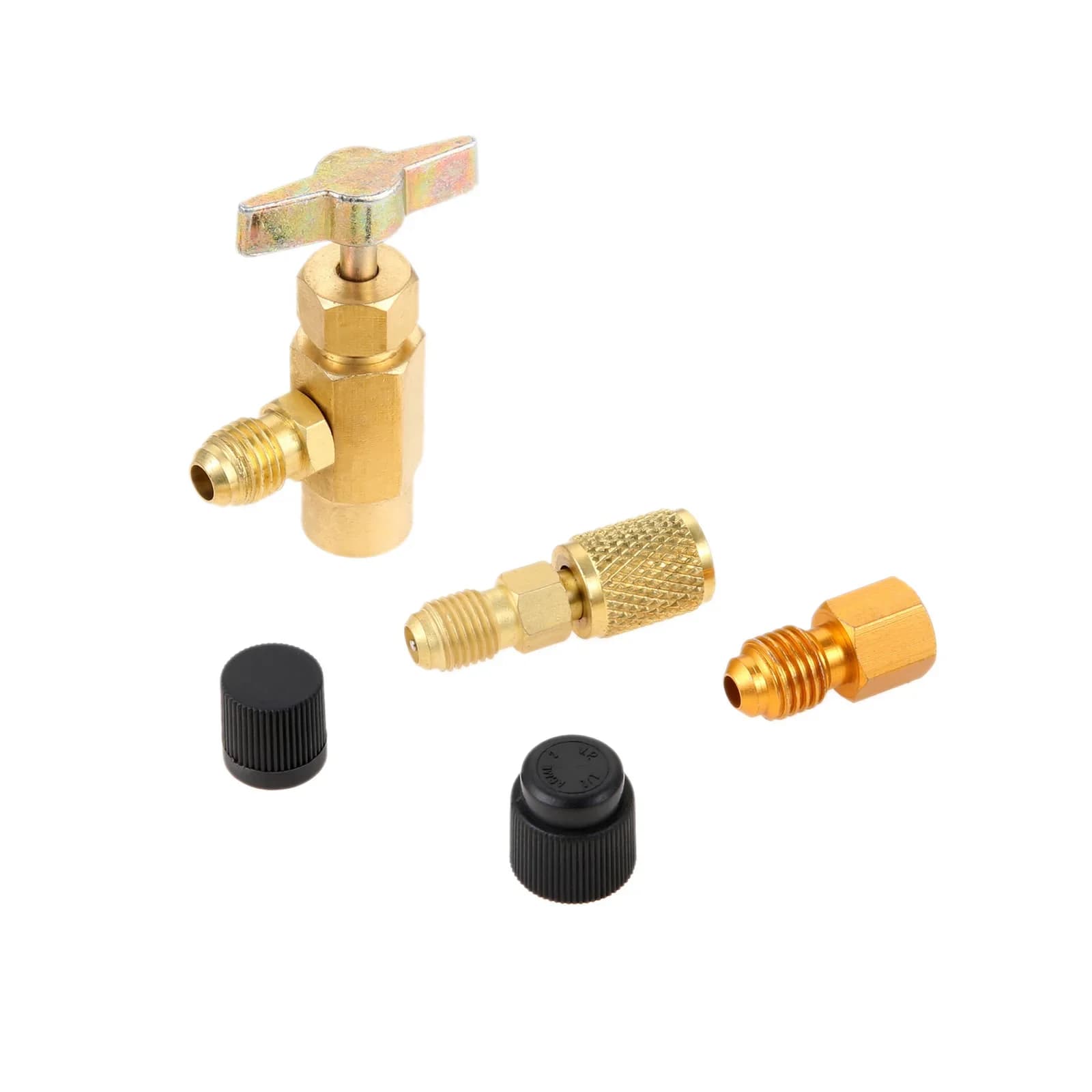 5Pcs R-1234yf Refrigerant Can Tap Kit Adapter 1/2"ACME LH Female 1/4"SAE Male A/C System Bottle Tap Opener Valve Core Seal Caps
