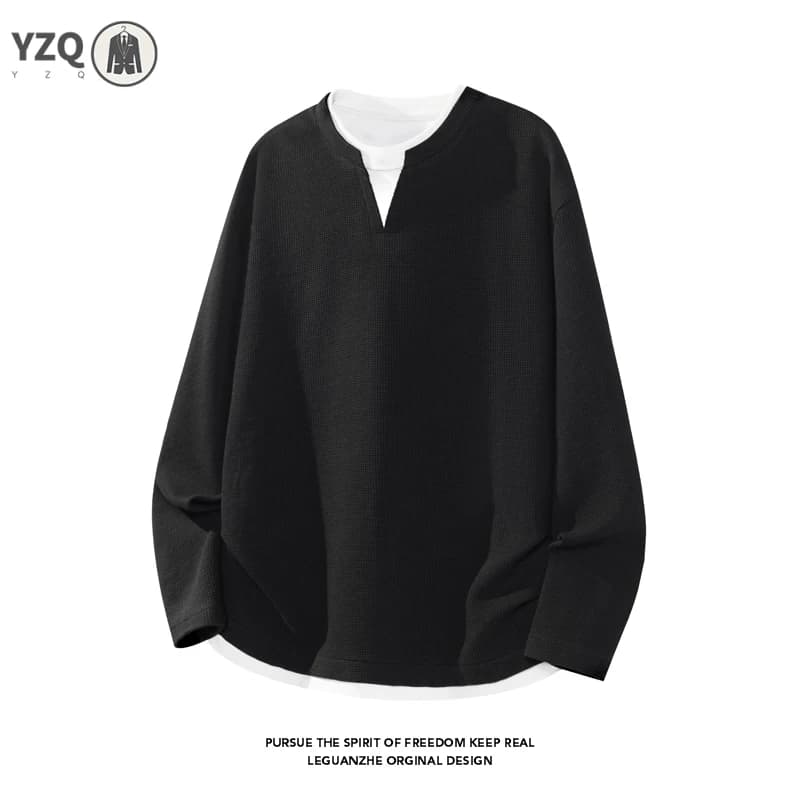 Oversized Fake Two Piece Long Sleeve Top For Males Notch Neck Waffle Knit Texture Trendy Street Casual Apparel