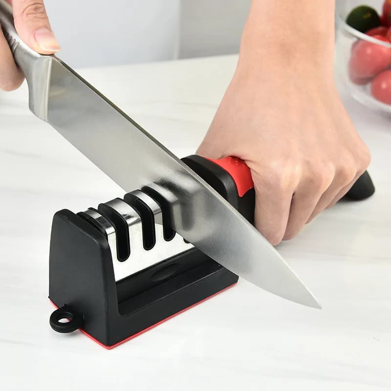 Affilacoltelli da Cucina a 4 Segmenti, Multiuso Domestico, Portatile, Tre Funzioni, Pietra Affilatrice Nera, Accessori da Cucina