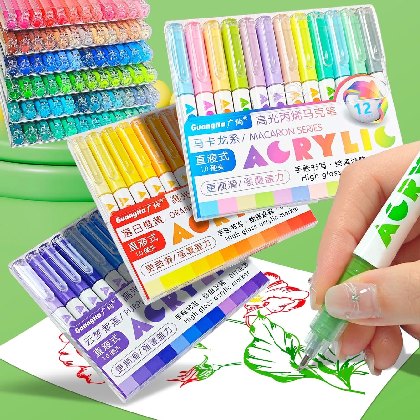 High Gloss Acrylic Markers,1mm Bullet Nib Acrylic Paint Pens,Bright Colors,Big Capacity ink,Wide Range of Uses,Painting