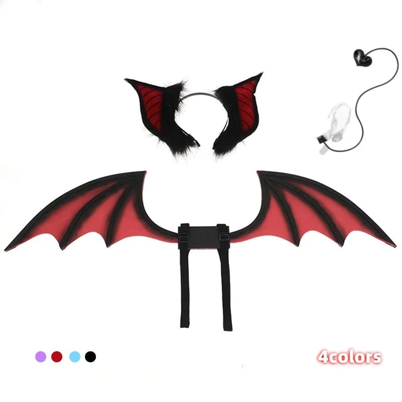 2024 New Simulation Plush Furry Bat Ears Devil Sweetheart Tail Night Party Animals Hair Band Bat Wing Halloween Bat Cosplay Pros