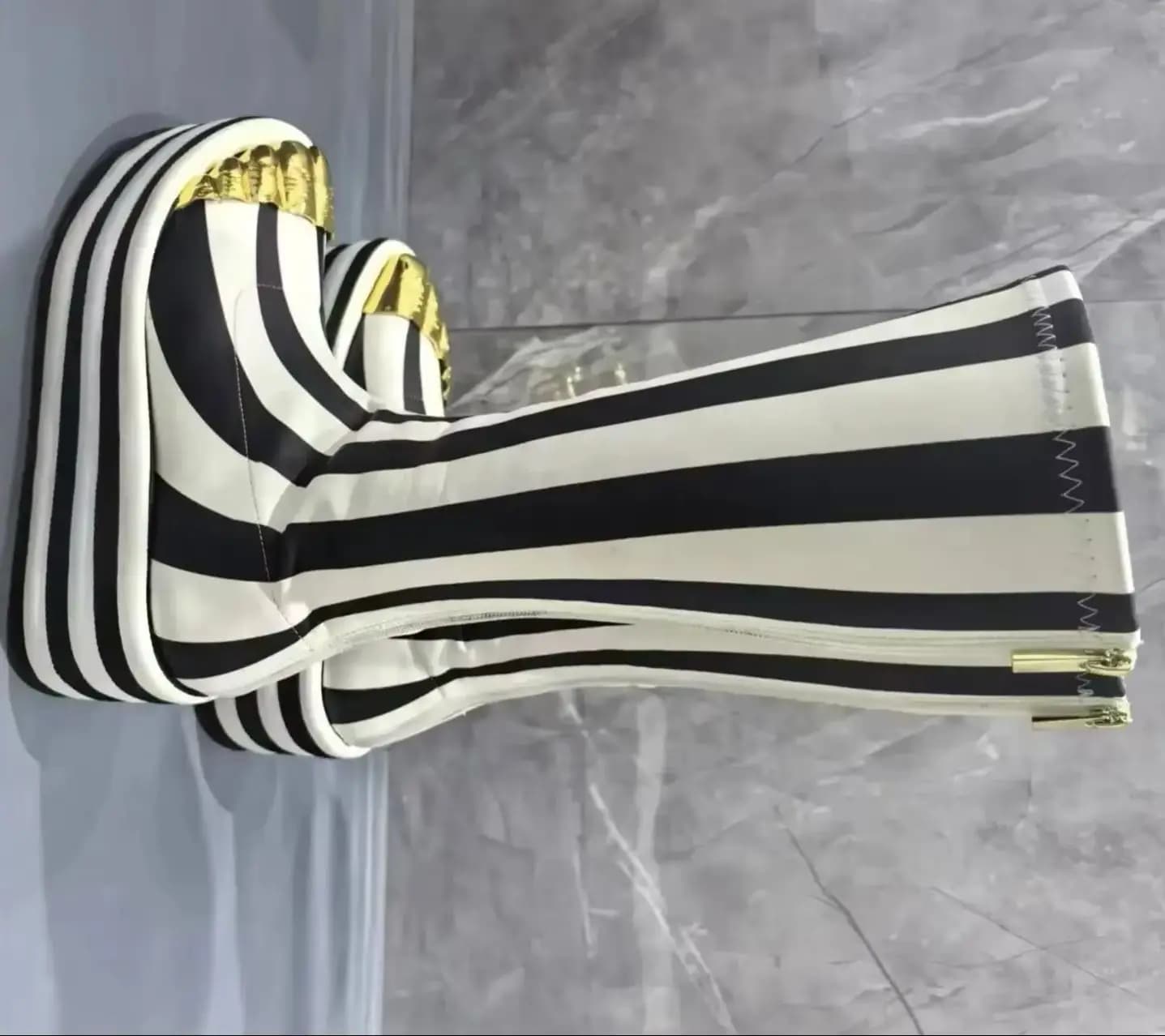 White and Black Striped Fabric Elastic Boots for Women Golden Five Fingers Botas Femininas with Rear Striped Zipper and Flat Heel