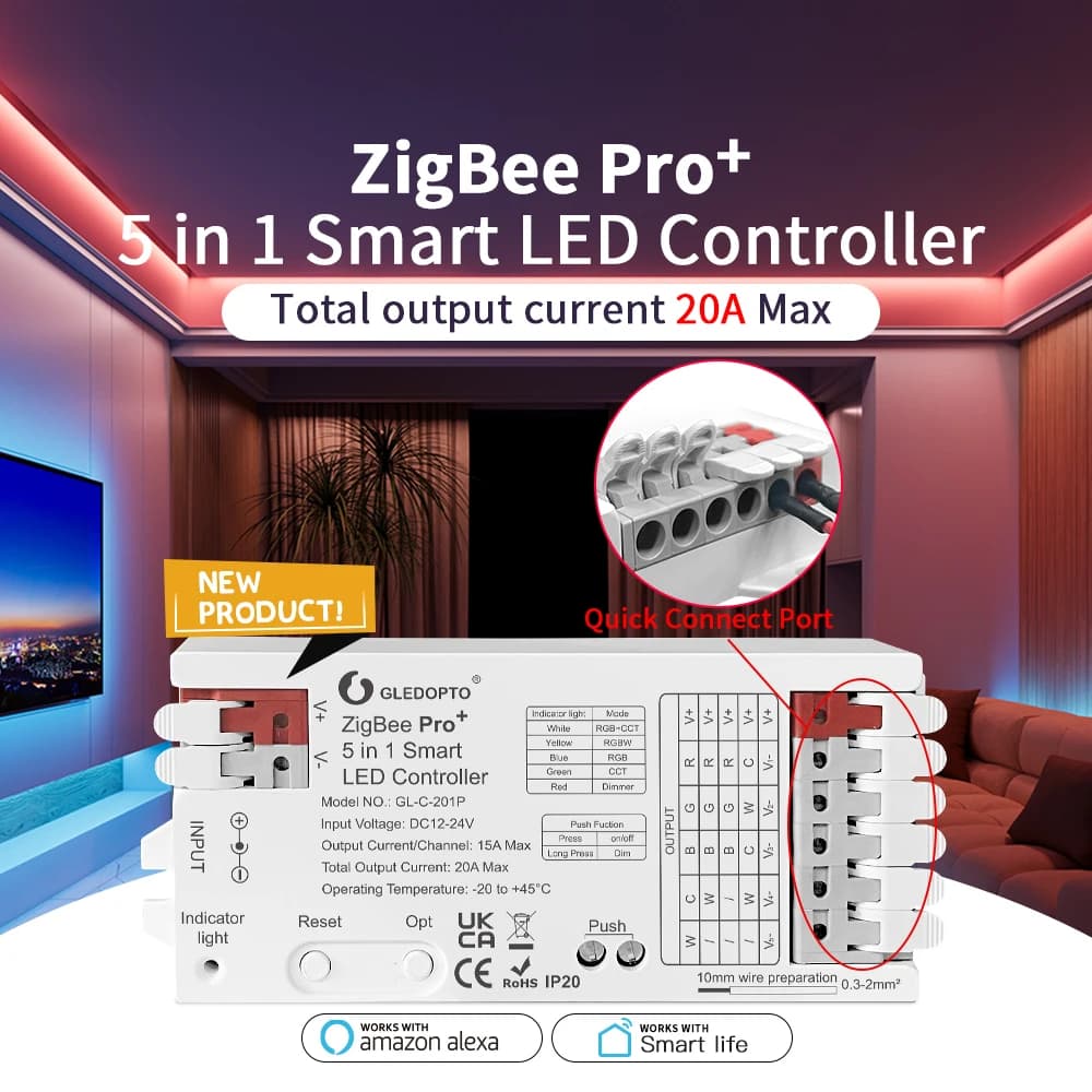 GLEDOPTO ZigBee 3.0 Pro+ LED Strip Controller 5 in 1 20A Max RGBCCT/RGBW/RGB/CCT/Dimmer Alexa Homey APP Voice Control