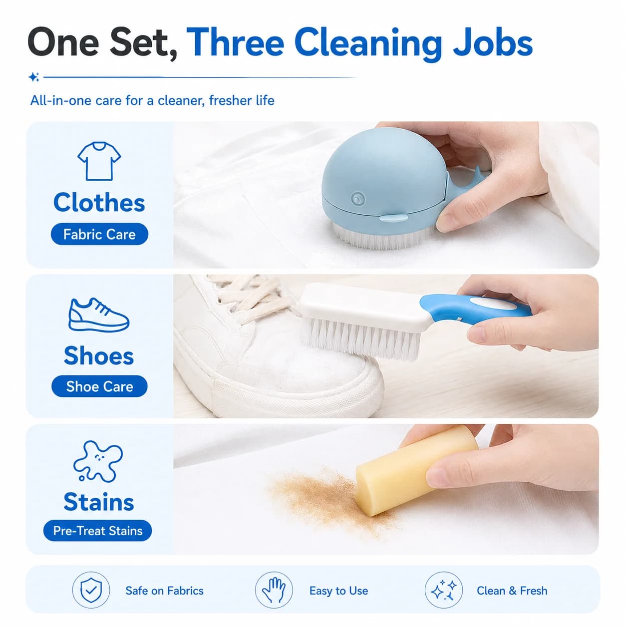 3PCS Laundry Cleaning Set with Whale Clothes Brush, Shoe Scrub Brush and Stain Remover Stick for Fabric and Shoes