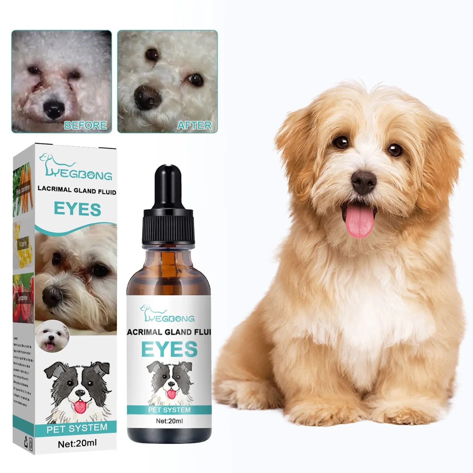 Yegbong Lavaggio degli occhi del cane Goccia Rimuovi i segni di strappo Lenisce l'irritazioni degli occhi Detergente per gocce Ridurre il prurito Goccia naturale per la cura degli occhi dell'animale domestico