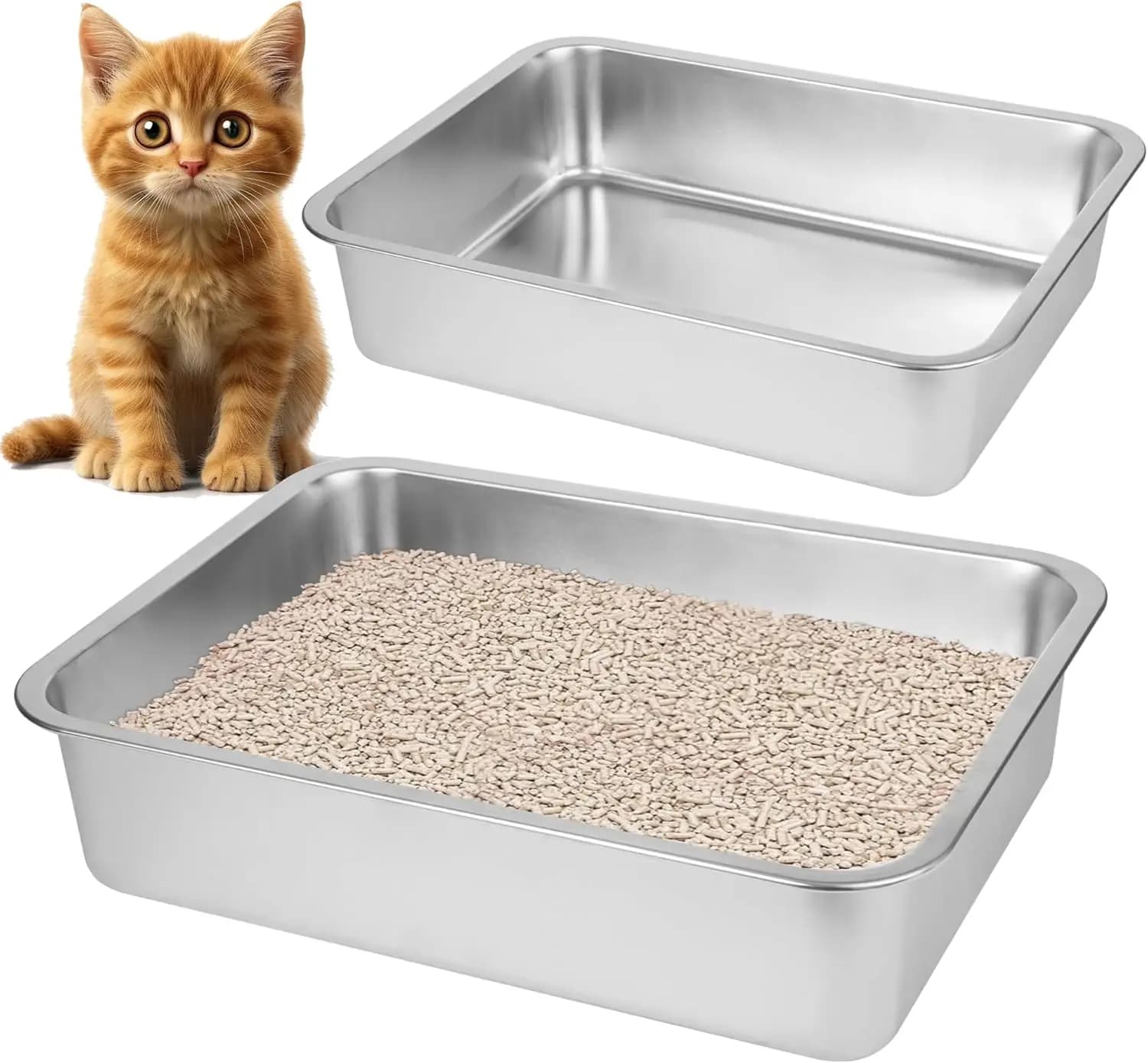Confezione da 2 lettiere per gatti in acciaio inossidabile, piccole in acciaio inossidabile, grandi in metallo - facili da pulire. (17,5 pollici di lunghezza x 13,6 pollici)