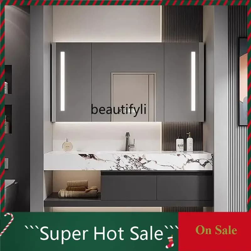 A076 Lusso leggero, mobile da bagno con specchio intelligente per lavabo integrato in ceramica senza cuciture con lastra di roccia45