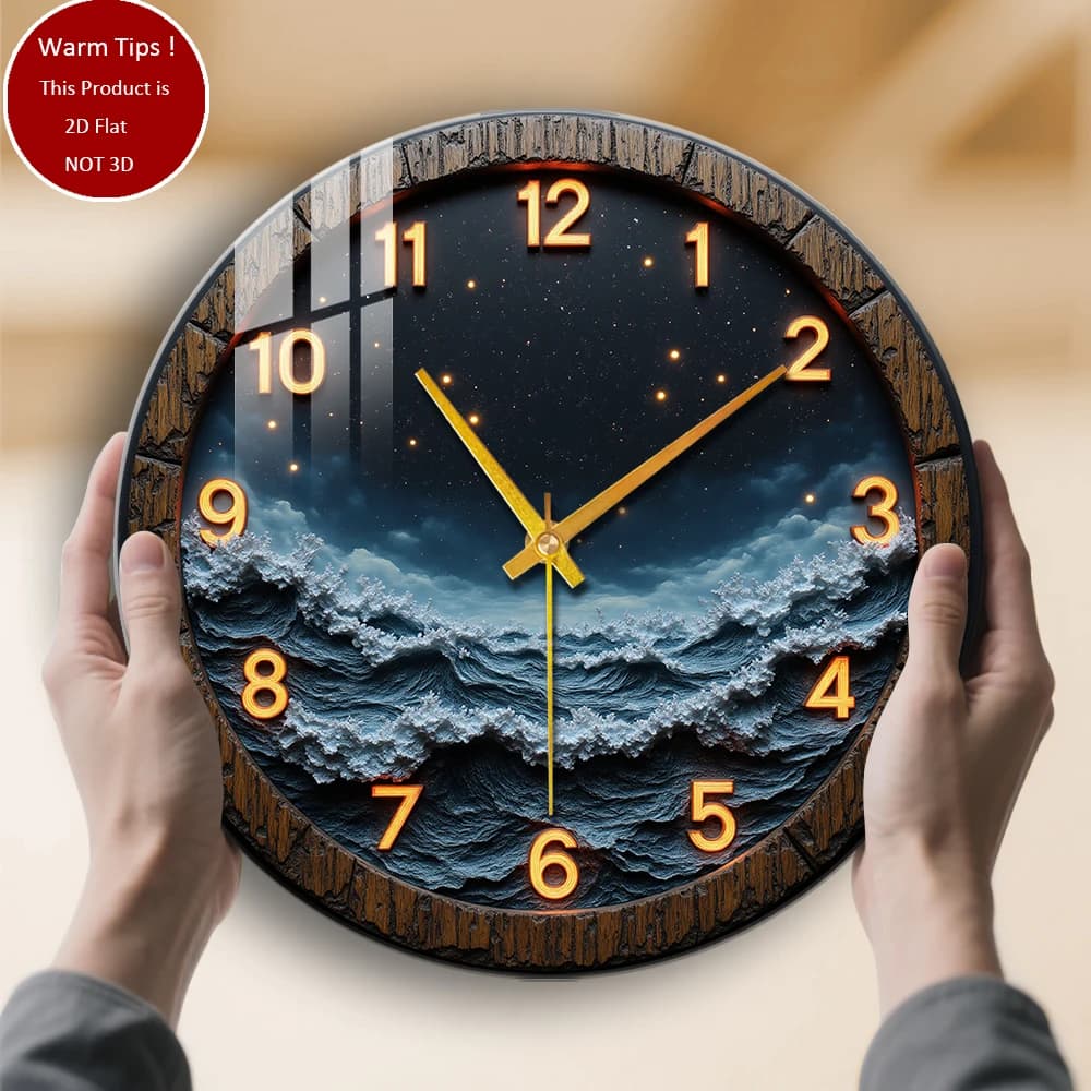 Orologio da parete in vetro temperato Orologio con cielo stellato con onde oceaniche adatto per decorazioni murali o display da tavolo ovunque
